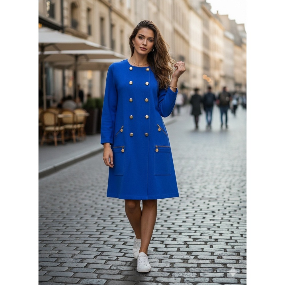 Adrienne Vittadini Sport Royal Blue Cotton Double Breasted Zip Pocket Dress 10 |